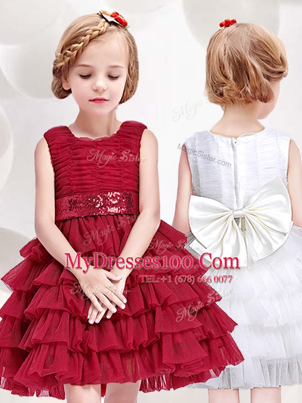 Dramatic Scoop Ruffled Layers and Sequins and Bowknot Flower Girl Dresses for Less Red Zipper Sleeveless Mini Length