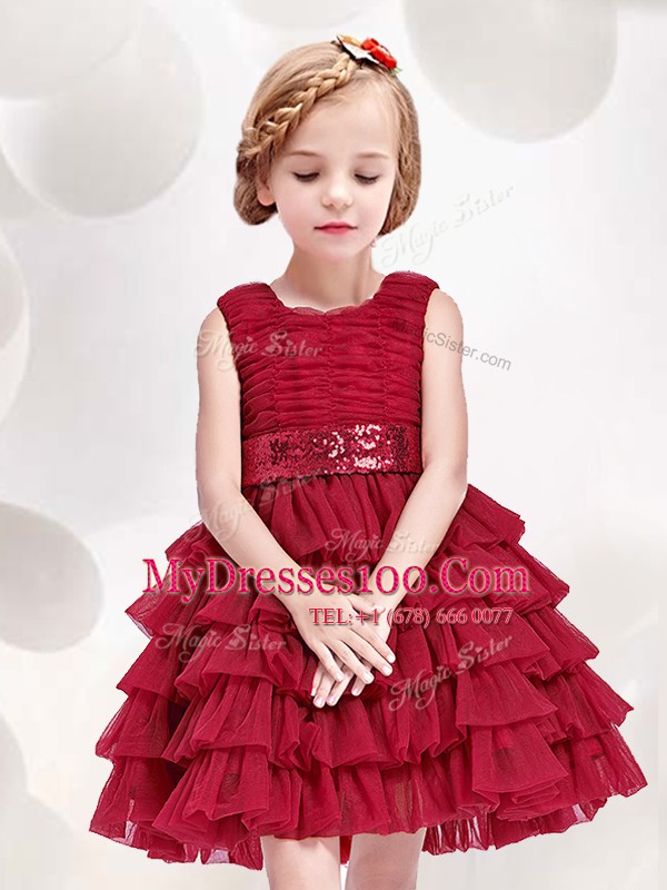 Dramatic Scoop Ruffled Layers and Sequins and Bowknot Flower Girl Dresses for Less Red Zipper Sleeveless Mini Length