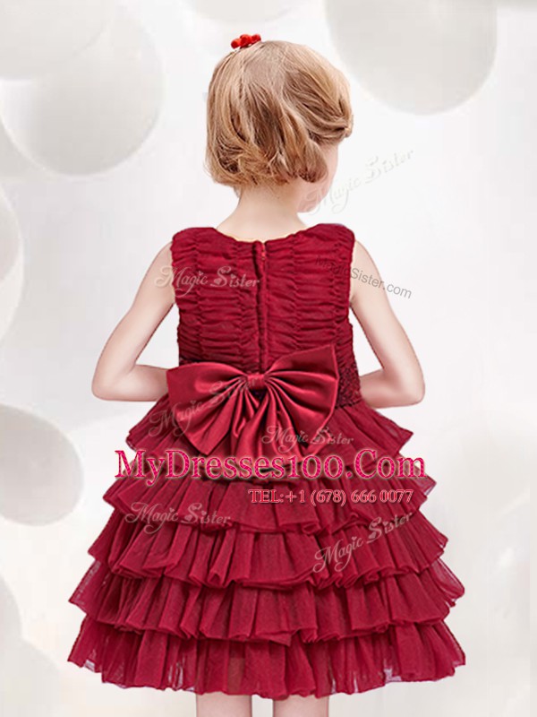Dramatic Scoop Ruffled Layers and Sequins and Bowknot Flower Girl Dresses for Less Red Zipper Sleeveless Mini Length