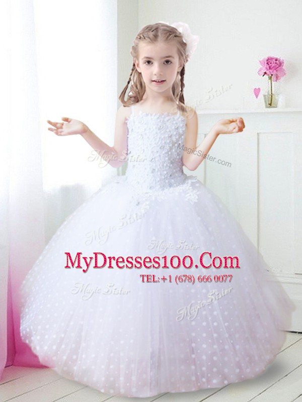 Fantastic White Ball Gowns Tulle Spaghetti Straps Sleeveless Beading and Appliques Floor Length Zipper Flower Girl Dress