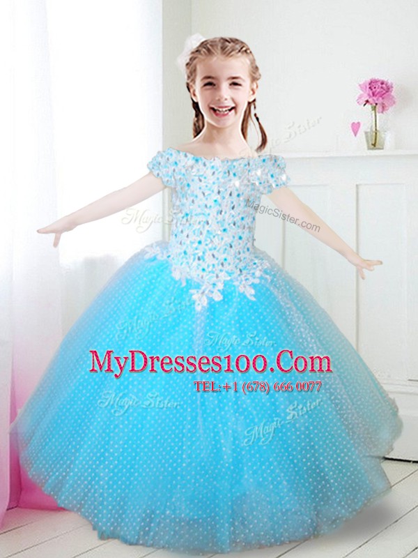 Affordable Off the Shoulder Floor Length Aqua Blue Flower Girl Dress Tulle Cap Sleeves Beading and Appliques
