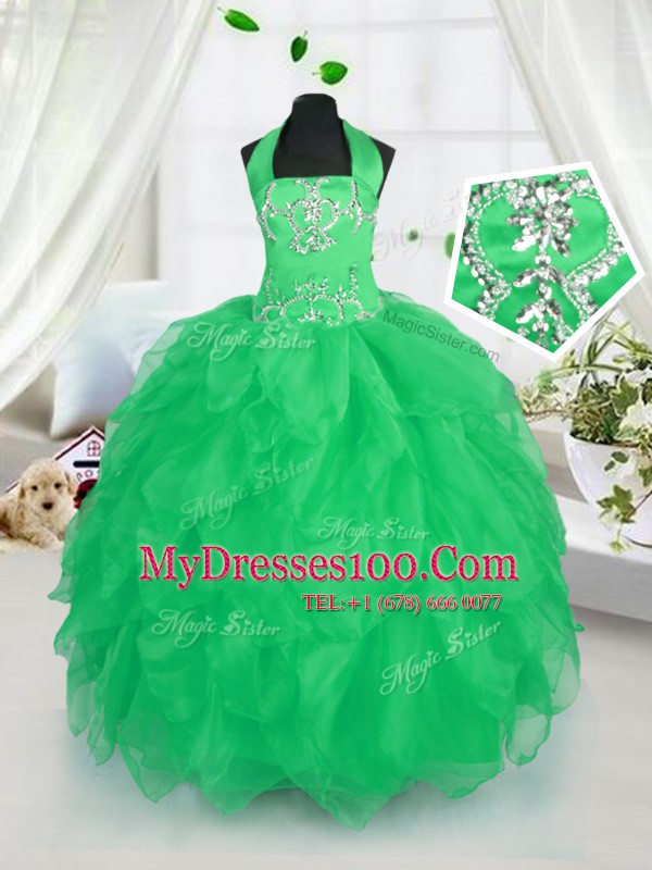 Extravagant Halter Top Apple Green Sleeveless Floor Length Appliques and Ruffles Lace Up Flower Girl Dresses for Less