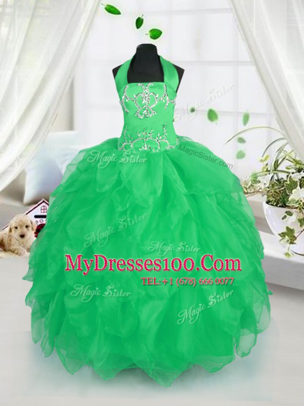 Extravagant Halter Top Apple Green Sleeveless Floor Length Appliques and Ruffles Lace Up Flower Girl Dresses for Less