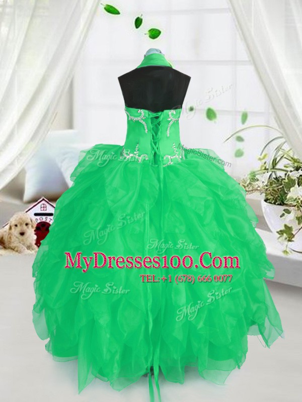 Extravagant Halter Top Apple Green Sleeveless Floor Length Appliques and Ruffles Lace Up Flower Girl Dresses for Less