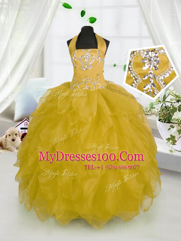 Trendy Organza Halter Top Sleeveless Lace Up Beading and Ruffles Flower Girl Dresses for Less in Gold