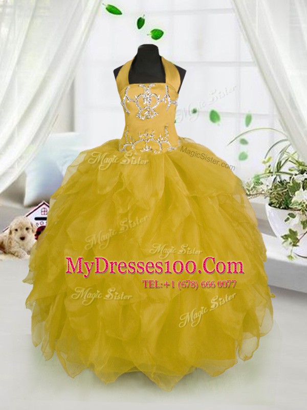 Trendy Organza Halter Top Sleeveless Lace Up Beading and Ruffles Flower Girl Dresses for Less in Gold