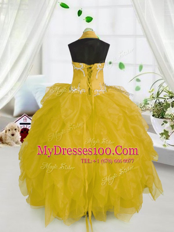 Trendy Organza Halter Top Sleeveless Lace Up Beading and Ruffles Flower Girl Dresses for Less in Gold