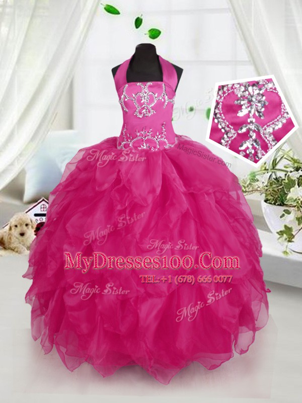 Fuchsia Ball Gowns Organza Halter Top Sleeveless Appliques and Ruffles Floor Length Lace Up Child Pageant Dress