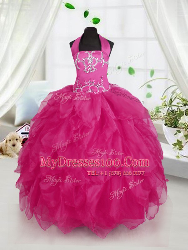 Fuchsia Ball Gowns Organza Halter Top Sleeveless Appliques and Ruffles Floor Length Lace Up Child Pageant Dress