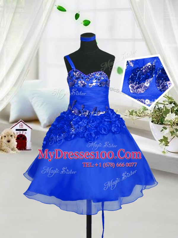 Blue Lace Up Sweetheart Beading and Hand Made Flower Flower Girl Dress Organza Sleeveless