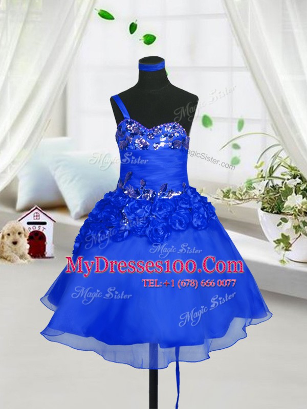 Blue Lace Up Sweetheart Beading and Hand Made Flower Flower Girl Dress Organza Sleeveless
