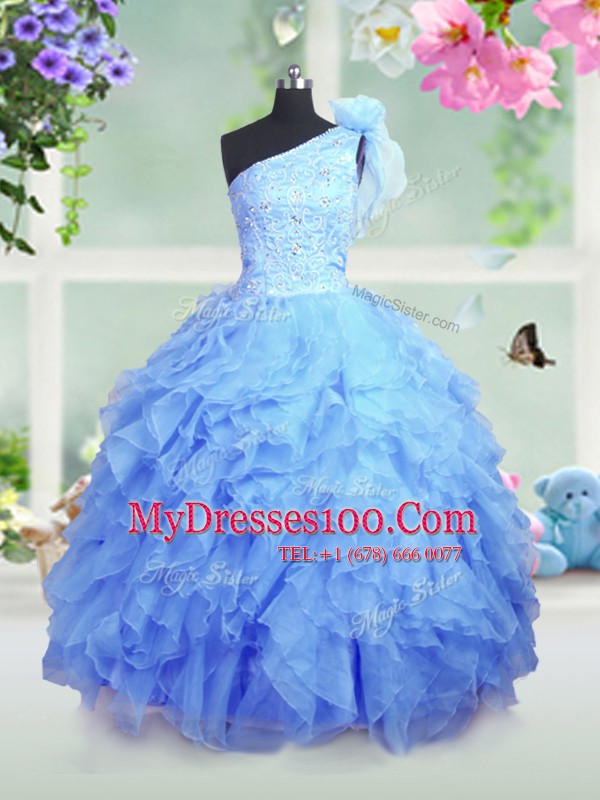 One Shoulder Beading and Ruffles Pageant Gowns For Girls Baby Blue Lace Up Sleeveless Floor Length