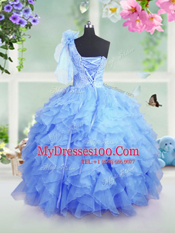One Shoulder Beading and Ruffles Pageant Gowns For Girls Baby Blue Lace Up Sleeveless Floor Length
