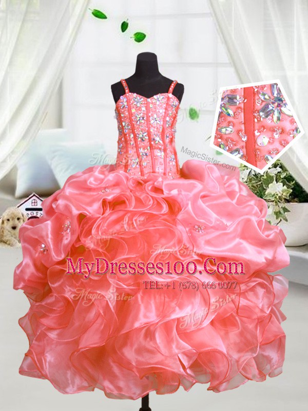 Watermelon Red Organza Lace Up Spaghetti Straps Sleeveless Floor Length Flower Girl Dresses Beading and Ruffles
