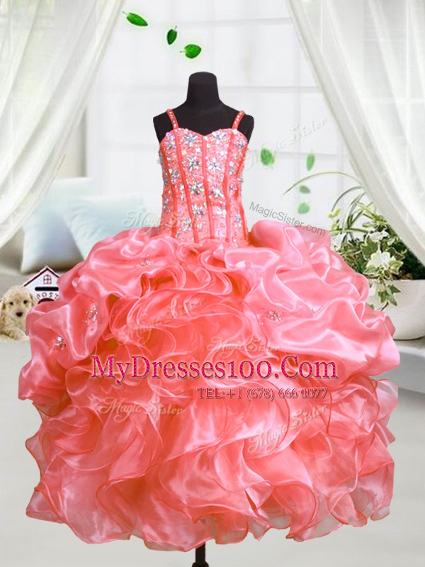 Watermelon Red Organza Lace Up Spaghetti Straps Sleeveless Floor Length Flower Girl Dresses Beading and Ruffles