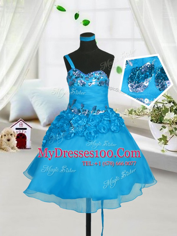 Baby Blue Girls Pageant Dresses Party and Wedding Party and For with Beading and Hand Made Flower Sweetheart Sleeveless Lace Up