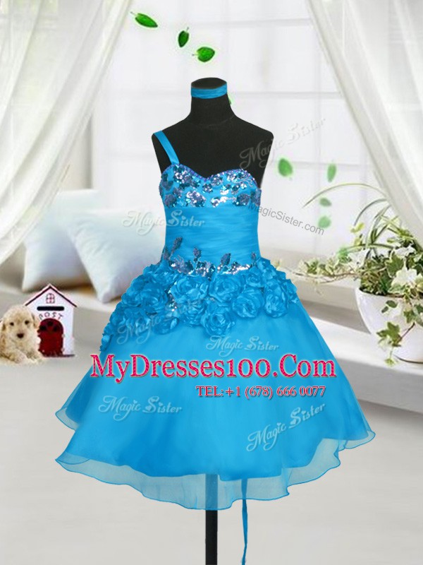Baby Blue Girls Pageant Dresses Party and Wedding Party and For with Beading and Hand Made Flower Sweetheart Sleeveless Lace Up