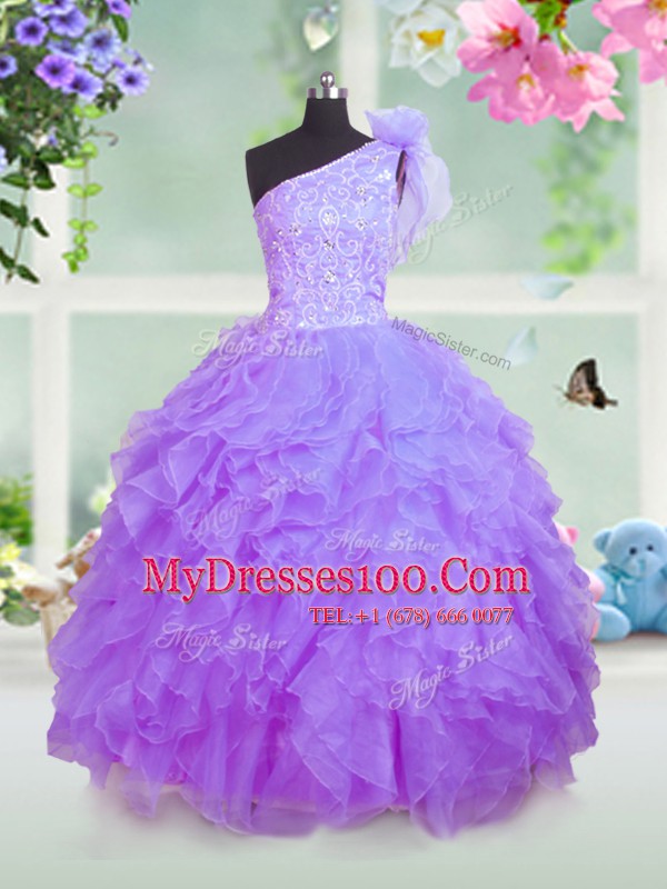 Decent One Shoulder Sleeveless Lace Up Flower Girl Dress Lavender Organza