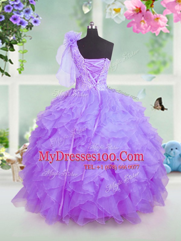 Decent One Shoulder Sleeveless Lace Up Flower Girl Dress Lavender Organza