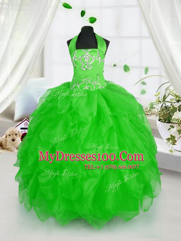 Organza Halter Top Sleeveless Lace Up Appliques and Ruffles Kids Formal Wear in