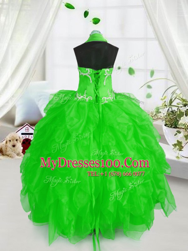 Organza Halter Top Sleeveless Lace Up Appliques and Ruffles Kids Formal Wear in