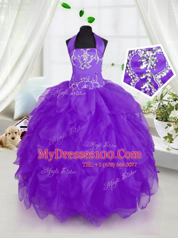 Great Floor Length Purple Pageant Gowns For Girls Halter Top Sleeveless Lace Up