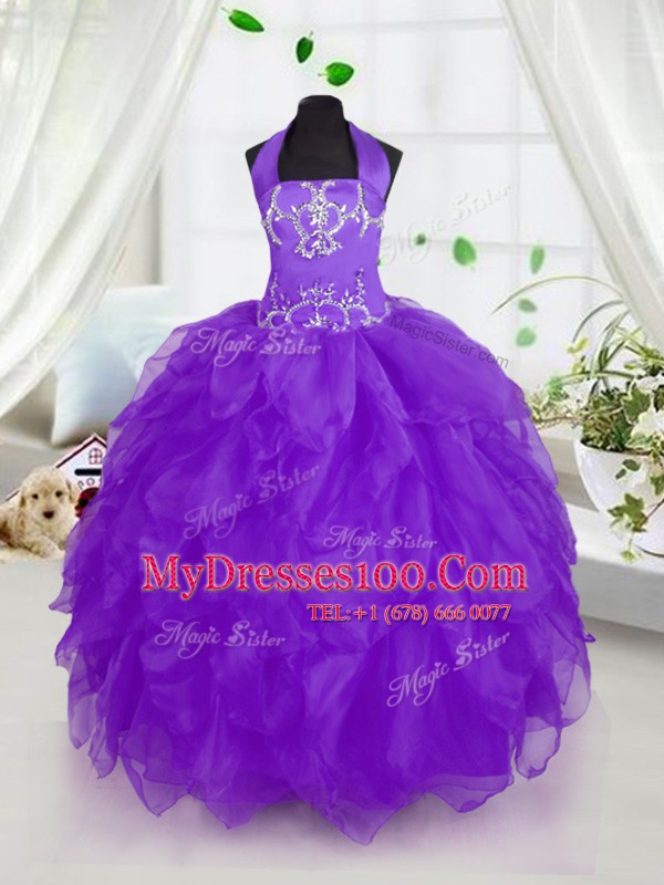 Great Floor Length Purple Pageant Gowns For Girls Halter Top Sleeveless Lace Up