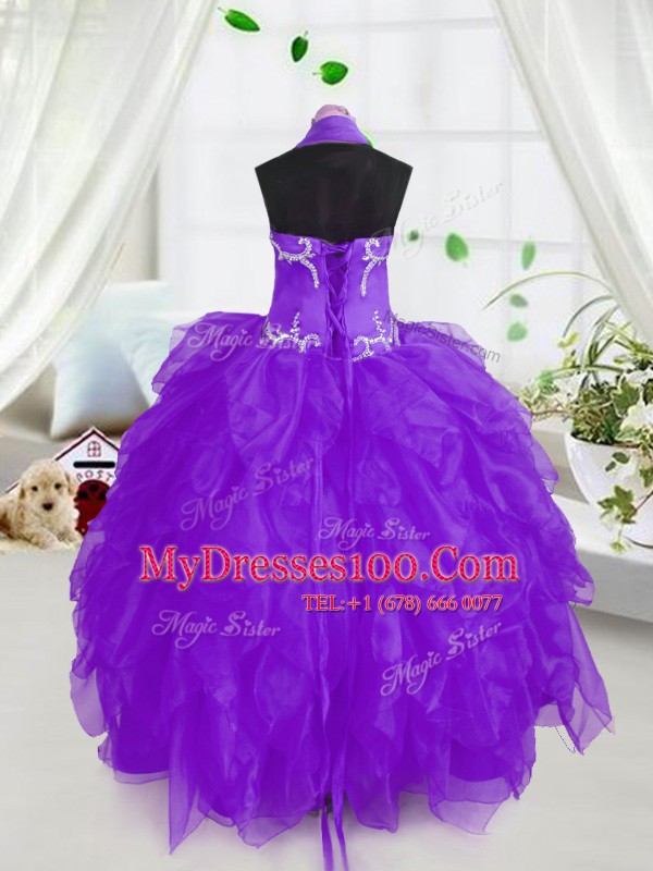 Great Floor Length Purple Pageant Gowns For Girls Halter Top Sleeveless Lace Up