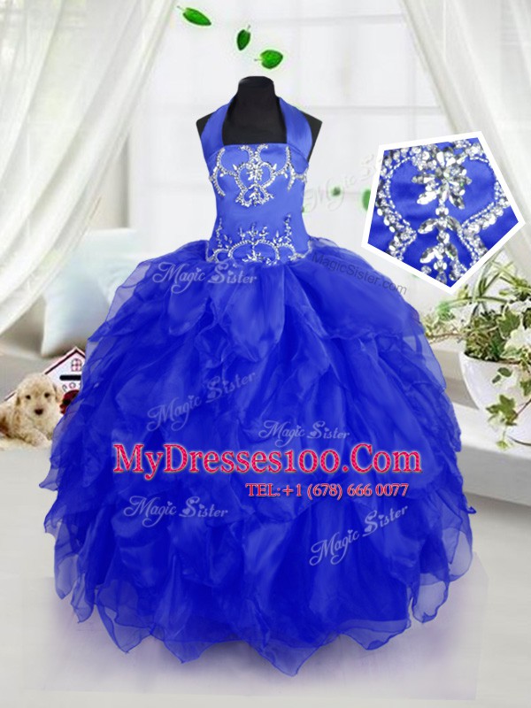 Fabulous Halter Top Royal Blue Sleeveless Appliques and Ruffles Floor Length Kids Formal Wear