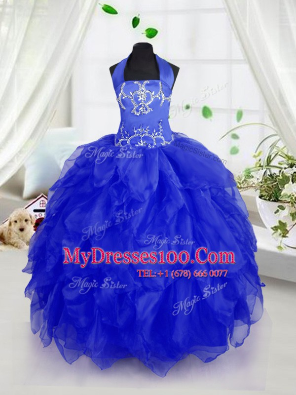 Fabulous Halter Top Royal Blue Sleeveless Appliques and Ruffles Floor Length Kids Formal Wear