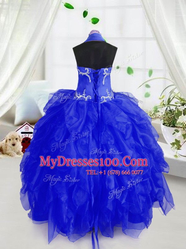 Fabulous Halter Top Royal Blue Sleeveless Appliques and Ruffles Floor Length Kids Formal Wear