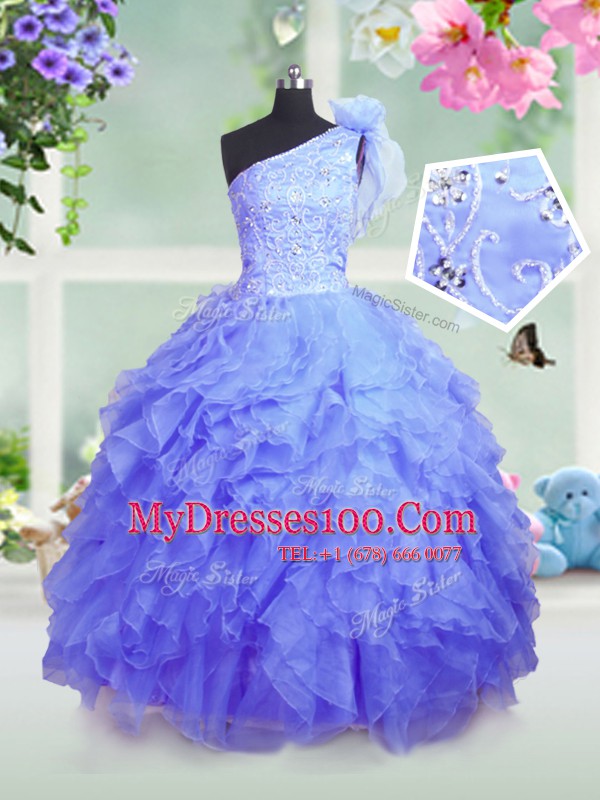 Blue Little Girls Pageant Gowns Party and Wedding Party and For with Beading and Ruffles One Shoulder Sleeveless Lace Up