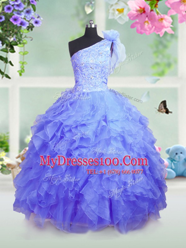 Blue Little Girls Pageant Gowns Party and Wedding Party and For with Beading and Ruffles One Shoulder Sleeveless Lace Up