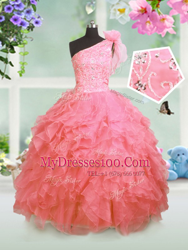 Watermelon Red Ball Gowns Organza One Shoulder Sleeveless Beading and Ruffles Floor Length Lace Up Toddler Flower Girl Dress