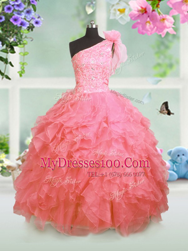 Watermelon Red Ball Gowns Organza One Shoulder Sleeveless Beading and Ruffles Floor Length Lace Up Toddler Flower Girl Dress