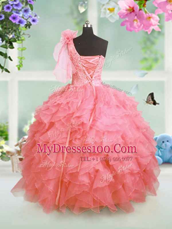 Watermelon Red Ball Gowns Organza One Shoulder Sleeveless Beading and Ruffles Floor Length Lace Up Toddler Flower Girl Dress