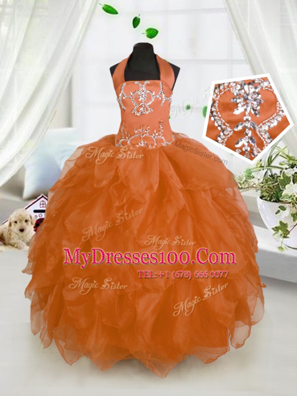 High Quality Halter Top Orange Red Sleeveless Beading and Ruffles Floor Length Pageant Gowns For Girls