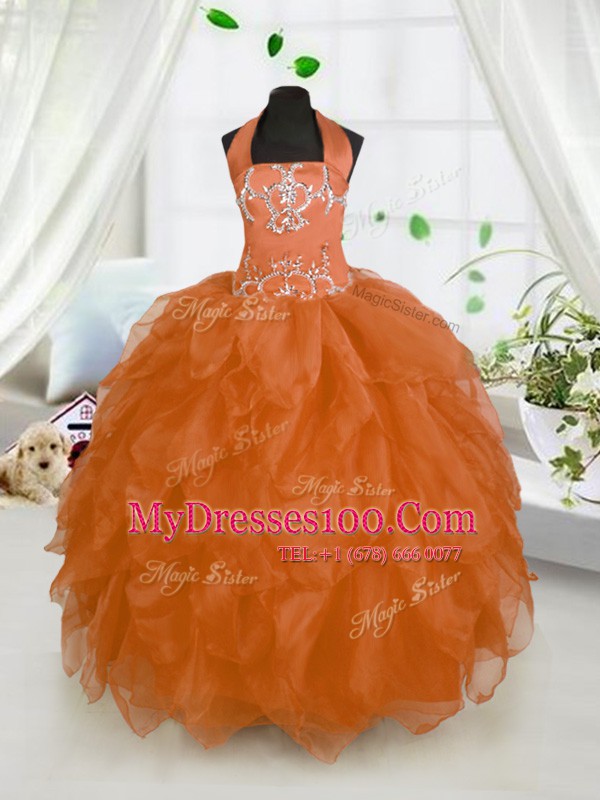 High Quality Halter Top Orange Red Sleeveless Beading and Ruffles Floor Length Pageant Gowns For Girls