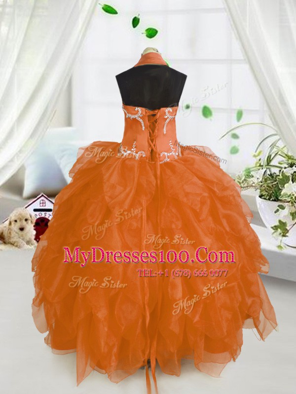 High Quality Halter Top Orange Red Sleeveless Beading and Ruffles Floor Length Pageant Gowns For Girls