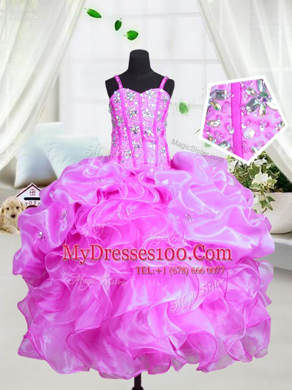 Spaghetti Straps Sleeveless Flower Girl Dresses for Less Floor Length Beading and Ruffles Purple Organza