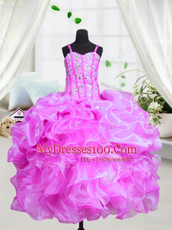 Spaghetti Straps Sleeveless Flower Girl Dresses for Less Floor Length Beading and Ruffles Purple Organza