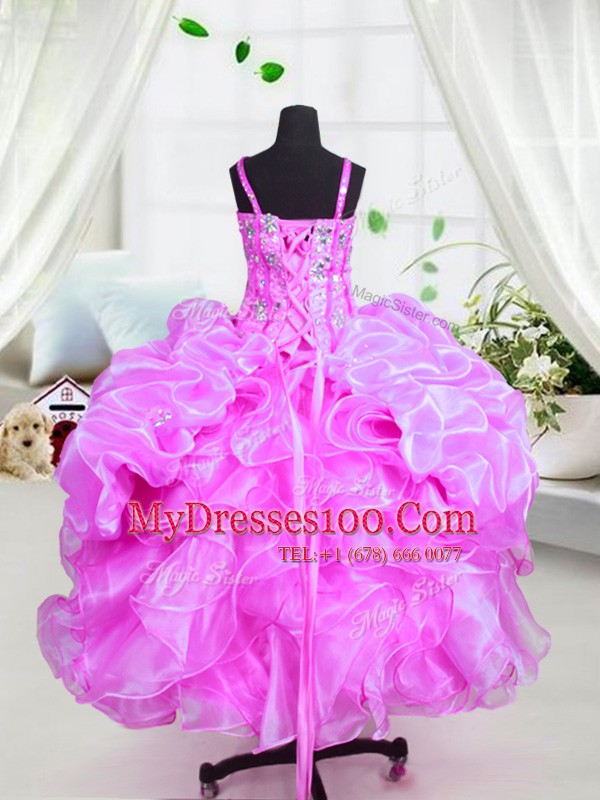 Spaghetti Straps Sleeveless Flower Girl Dresses for Less Floor Length Beading and Ruffles Purple Organza