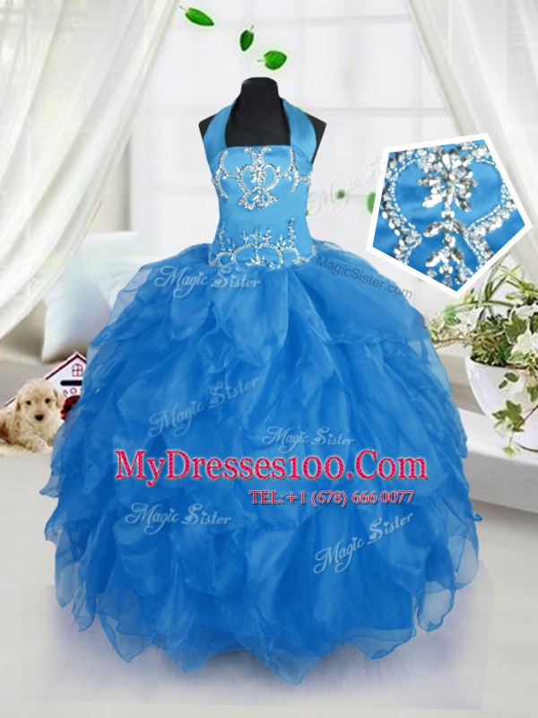 Simple Halter Top Floor Length Ball Gowns Sleeveless Baby Blue Flower Girl Dresses for Less Lace Up