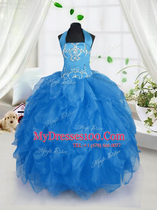 Simple Halter Top Floor Length Ball Gowns Sleeveless Baby Blue Flower Girl Dresses for Less Lace Up