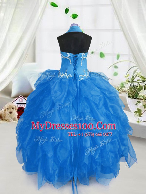 Simple Halter Top Floor Length Ball Gowns Sleeveless Baby Blue Flower Girl Dresses for Less Lace Up