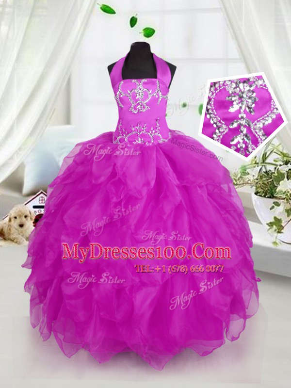Halter Top Purple Lace Up Little Girl Pageant Dress Appliques and Ruffles Sleeveless Floor Length