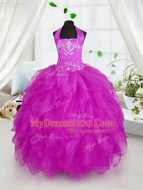 Halter Top Purple Lace Up Little Girl Pageant Dress Appliques and Ruffles Sleeveless Floor Length