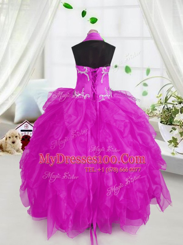 Halter Top Purple Lace Up Little Girl Pageant Dress Appliques and Ruffles Sleeveless Floor Length