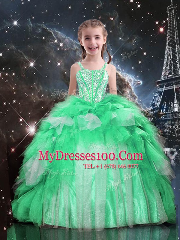 Best Organza Spaghetti Straps Sleeveless Lace Up Beading and Ruffles Flower Girl Dresses in Apple Green