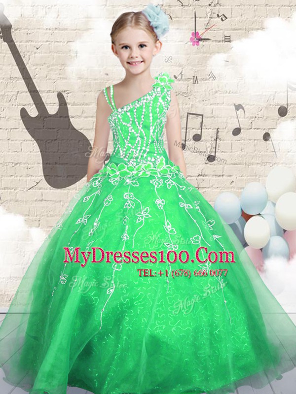 Green Lace Up Asymmetric Beading and Appliques and Hand Made Flower Little Girls Pageant Dress Wholesale Organza Sleeveless